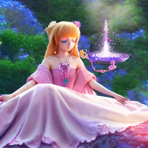 Image similar to a pleasant, beautiful, funny, smooth 3D CG render, semirealistic anime style, a noble priestess magician princess girl wearing dress and jewelry, in a glorious magic kingdom, relaxing calm vibes, fairytale