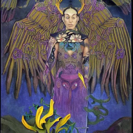 Image similar to the raven gods, by Annie Swynnerton and Nicholas Roerich and Diego Rivera, bioluminescent skin, tattoos, wings made out of flowers, elaborate costume, geometric ornament, symbolist, cool colors like blue and green and violet, smooth, sharp focus, extremely detailed