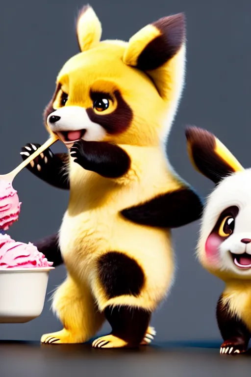 Image similar to high quality 3 d render hyperrealist very cute lowbrow happy panda & fox hybrid eating ice cream, vray smooth, in the style of detective pikachu, very dramatic light, low angle, uhd 8 k, shallow depth or field