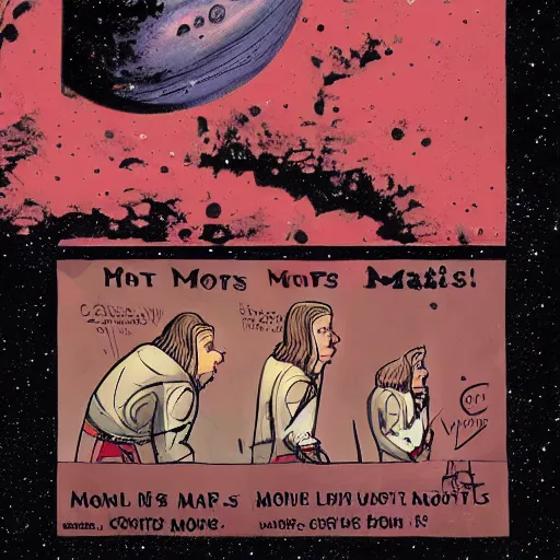 Prompt: mort carvello illustration of mars needs moms one thousand babies