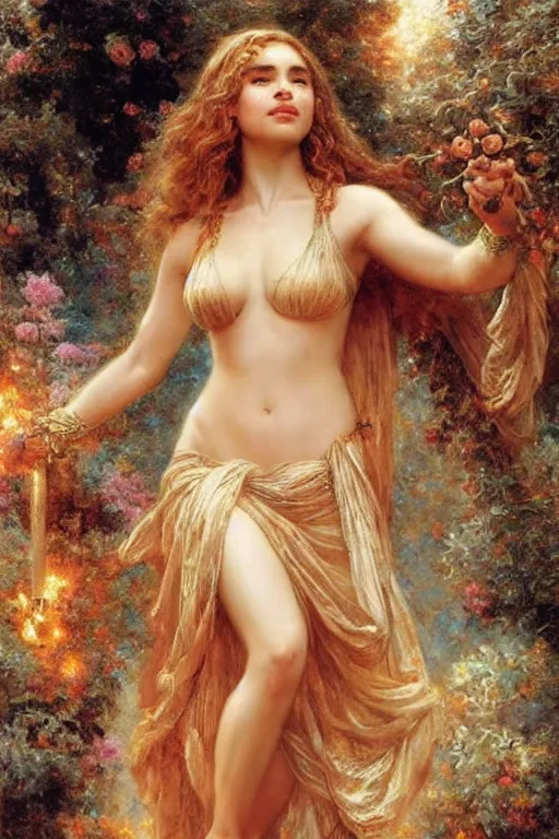 Image similar to emilia clarke as the goddess aphrodite. art by gaston bussiere and tomacz alen kopera.