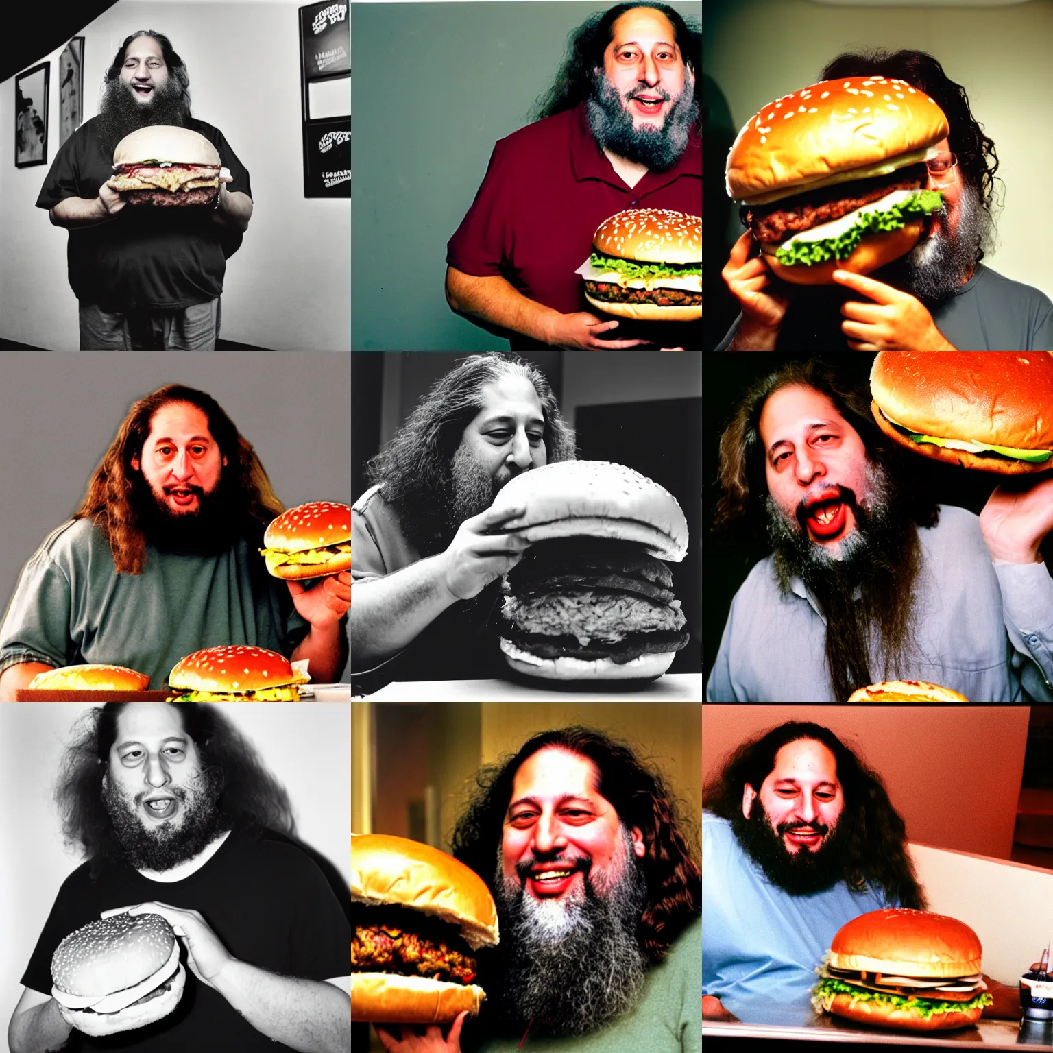 Prompt: photo of richard stallman trying to eat a giant hamburger, 3 5 mm