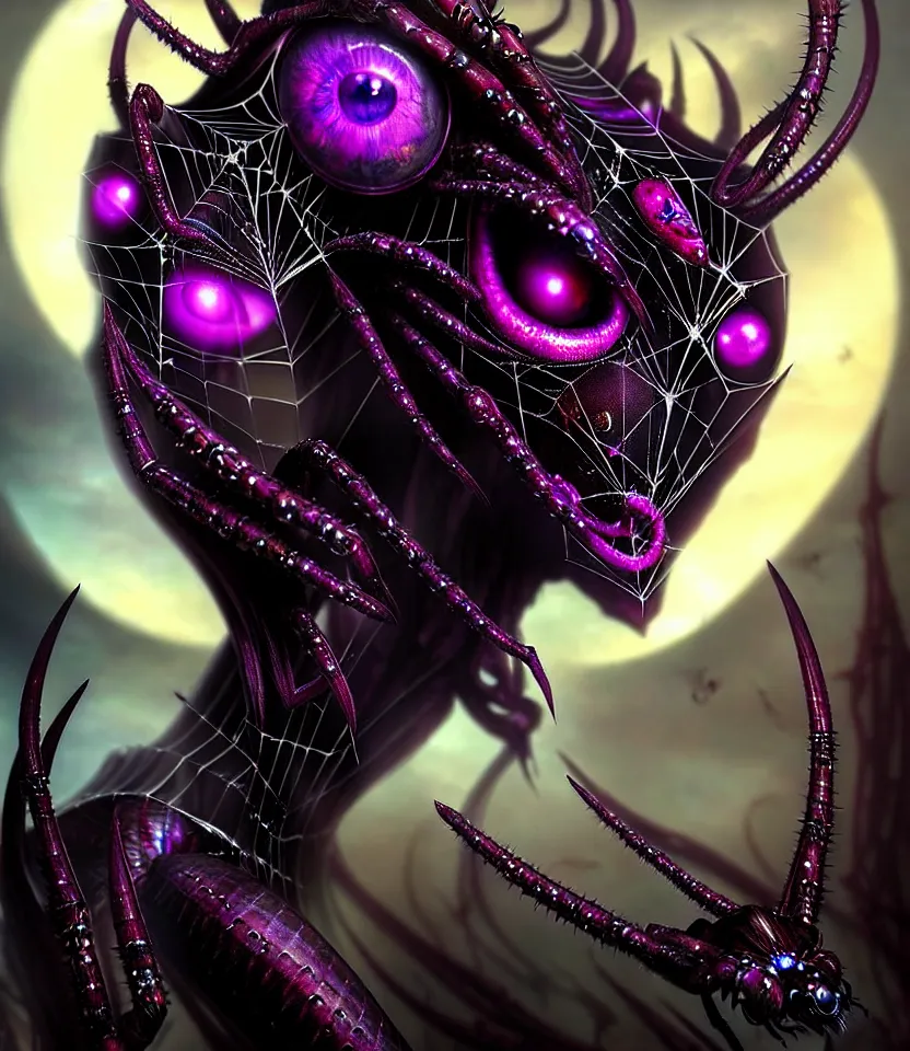 Image similar to close up portrait on the enchanting femenine queen of the zerg, hyper attractive, seductive, very complex, hyper-maximalist, overdetailed, legendary cinematic, darkfantasy, archetype with timeless beauty breathtaking eyes, her spider like legs spread evenly around her framing the image, collossal alien ship in the sky behind her, highly intricate, digital art, very elegant, HDR 8K, biblical art, realism, incomprehensible yet perspicious detail, unbeatable quality, silent hill aesthetic, photorealistic, lifelike, DSLR 8k, unbeatable coherency, Omnious intricate, octane render, created Nixeu & z--ed from deviantart