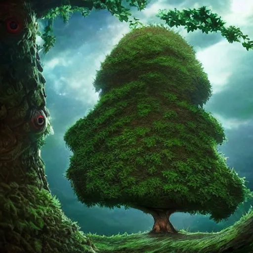 Image similar to deku tree from ocarina of time as a real tree, wide angle photo, full tree in frame, surrounded by rock walls, facial features on the tree look like an older man