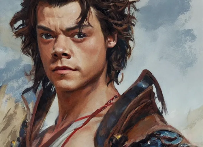 Image similar to a highly detailed beautiful portrait of harry styles as kratos, by gregory manchess, james gurney, james jean