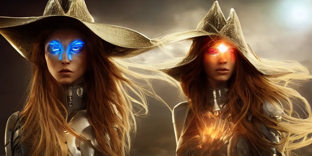 Image similar to Panorama screenshot beautiful female cyborg, beautiful glowing long flowing silver hair, super bright gold glowing eyes, wearing a cowboy hat, photographic highly detailed desert, hybrid from The Elden Ring and art direction by Darius Zawadzki ;by artgerm; wayne reynolds art station; cinematic quality character render; low angle; ultra high quality model; production quality cinema model
