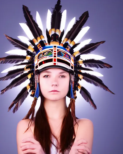 Image similar to centered medium shot fine studio photograph of a beautiful girl wearing only a mecha electronic native American indian helmet with bright lights, ultra-realistic, white background, 8k HDR sunset lit, intricate