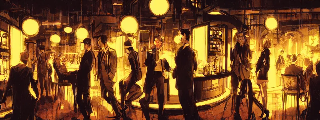 Prompt: concept art, crowded retro - futurist speakeasy, reflections, dark moody lighting, bladerunner, james jean, syd mead, akihiko yoshida, cinematic