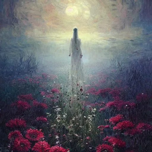 Image similar to a beautiful terrifying monster made of flowers. ethereal horror fantasy art by greg rutkowski and monet