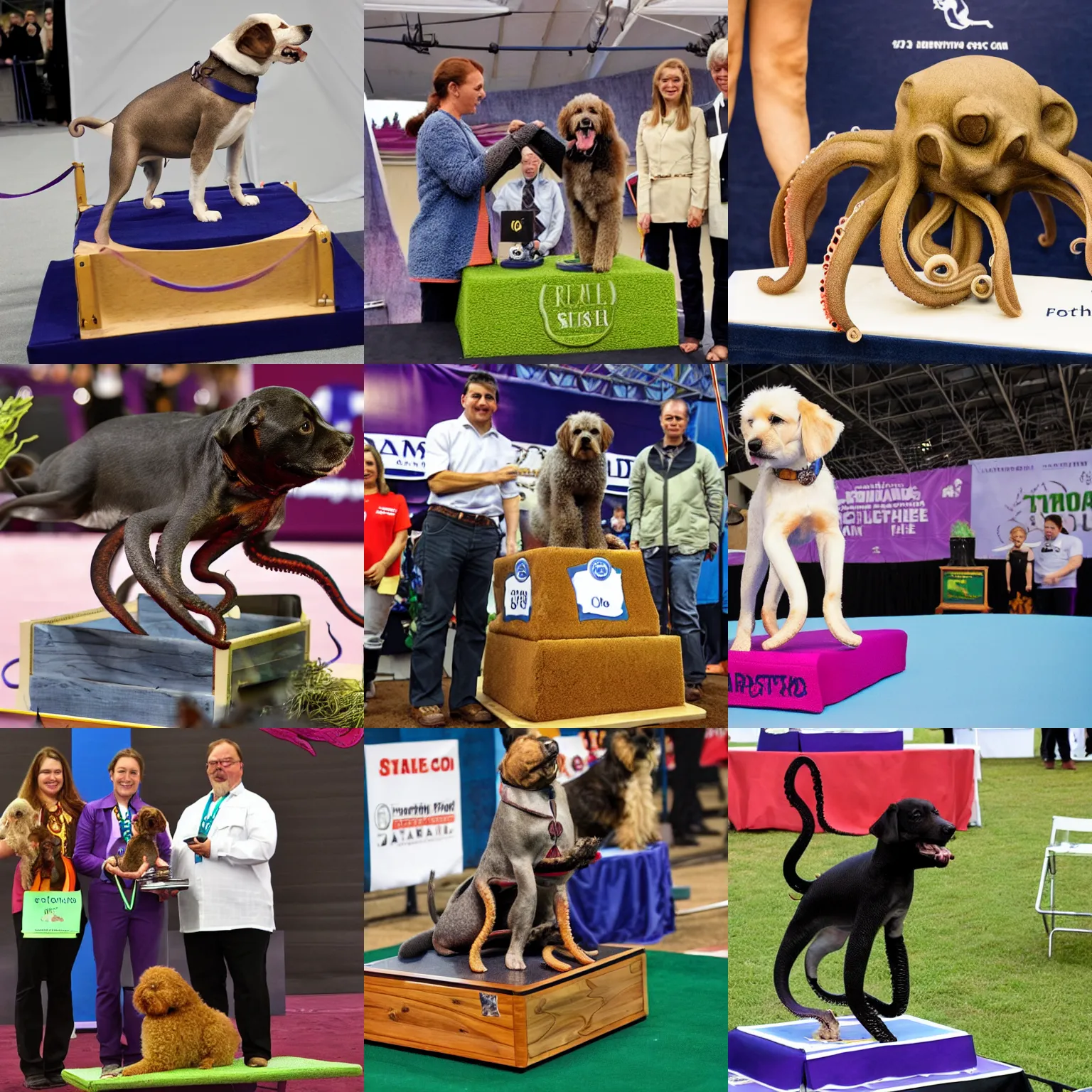 Prompt: octopus wins first place in a dog show, three tier podium