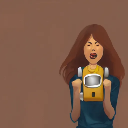 Image similar to a rusting female android holds a broken toaster in her arms