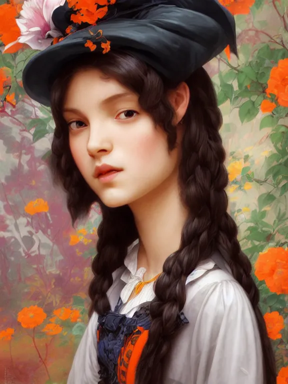 Image similar to Full shot of a cute mischievous young witch about to get up to some trouble. Latin American fashion. Floral patterns. Black and Orange palette. Latina girl. brown skin. defined facial features, symmetrical facial features. By Ruan Jia and Artgerm and Range Murata and WLOP and Ross Tran and William-Adolphe Bouguereau. Key Art. Fantasy Illustration. award winning, Artstation, intricate details, realistic, Hyperdetailed, 8k resolution.