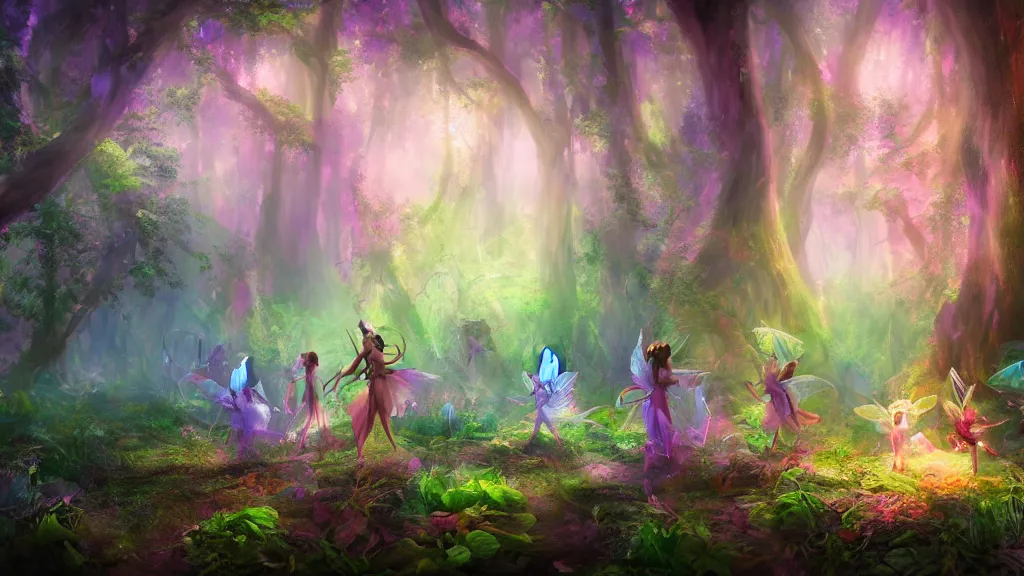 Prompt: fairies in a mystical magic forest, cinematic scene, colorful, candy, fantasy, fireflies, matte painting, concept art, medium shot, trending on artstation,