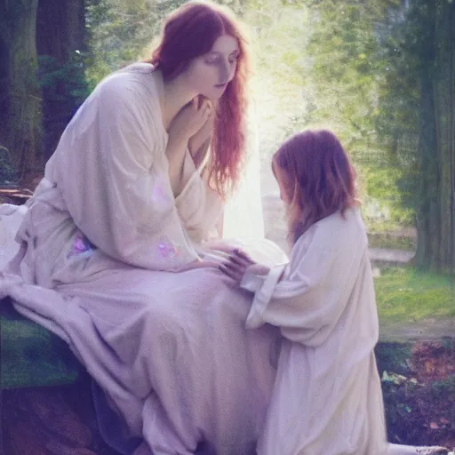 Image similar to painting of a pre - raphaelite girl and mother in robes, 5 0 mm lens, f 1. 4, sharp focus, ethereal, emotionally evoking, head in focus, volumetric lighting, blur dreamy outdoor,