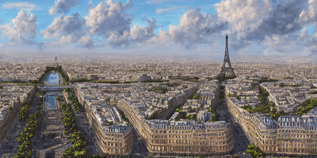Image similar to the beautiful bustling city of paris rebuilt as a coastal city in california, beautiful weather, palm trees, splendid haussmann architecture, eiffel tower in the middle, digital painting, highly detailed, intricate, concept art, matte painting, trending on artstation