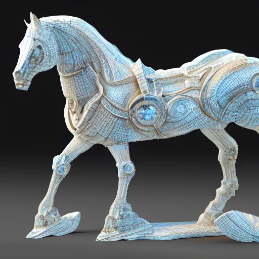 Prompt: biomechanical horse made of marble and crystal, fractal 3 d structure, intricate details, octane render, soft lighting