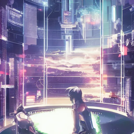 Prompt: a cinematic composition depicting : we're overlooking translucid crystal android being, whos is behind their heads up display viewing out of their window how a high tech lush solarpunk tribe collaborating with their technologic android helpers encroaching a cyberpunk robot retreat resort in the sauna at sunrise, ghost in the shell