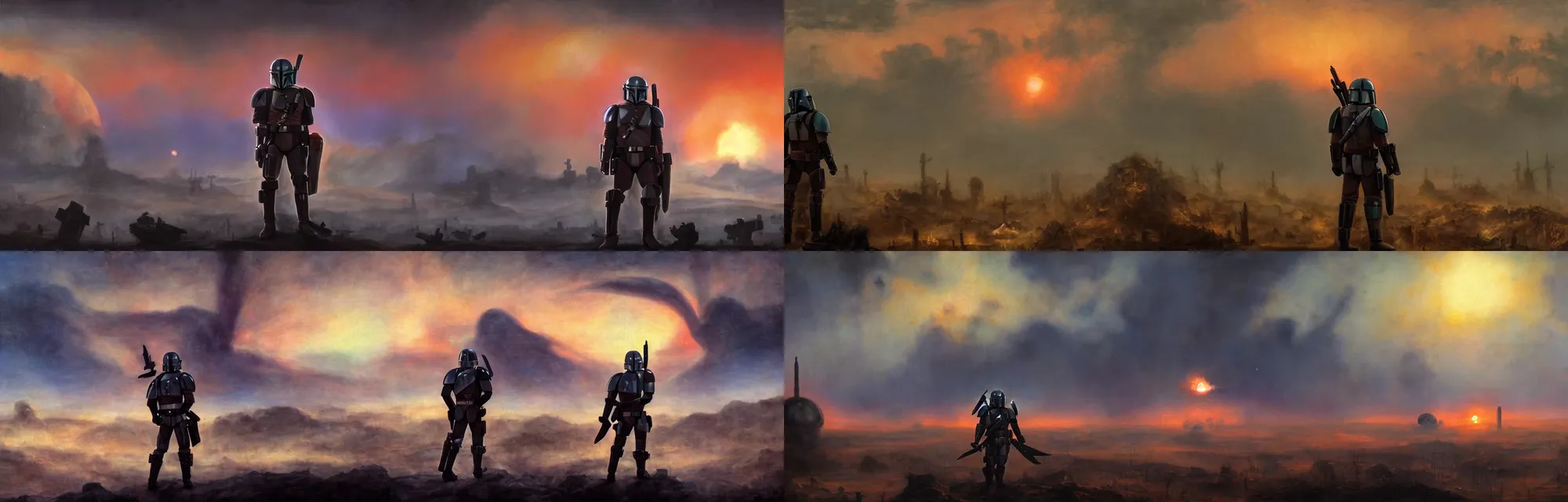 Prompt: close up mid shot of mandalorian with backlight watching nuclear war explosion on jupiter graveyard wasteland with fog during sunset , panoramic cinematic very sharp oil painting by rembrandt