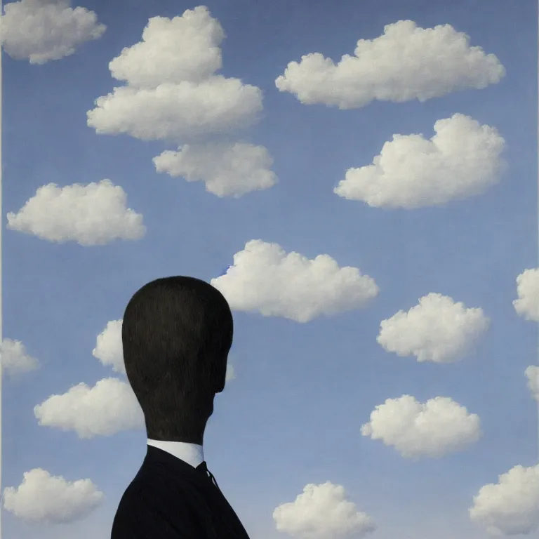 Image similar to portrait of a faceless shadow - head man with messy hair in a suit, clouds in the background, by rene magritte, detailed painting, distance, middle centered, hd, hq, high resolution, high detail, 4 k, 8 k