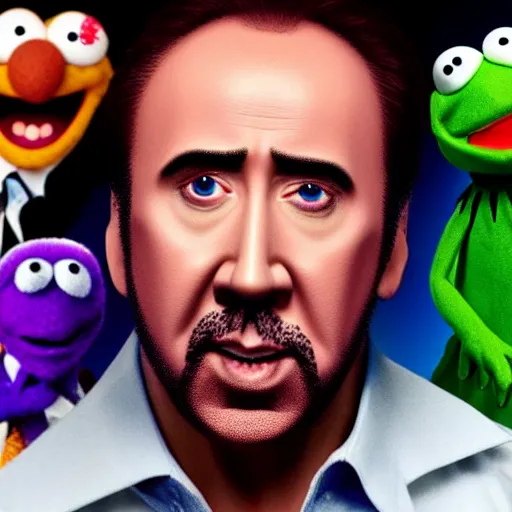 Image similar to A still of Nicolas Cage as a muppet, 4k, 35mm, ultra realistic, studio lighting