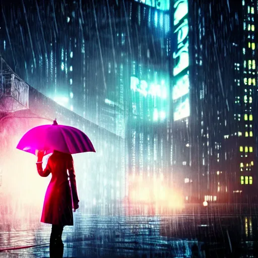 Image similar to ciberpunk city of the future, blade runner style, octane render, digital art, rain, beautiful girl with umbrella wearing a clear raincoat , pink hair, cinematic, 8k, very intricate, 80's, night time,