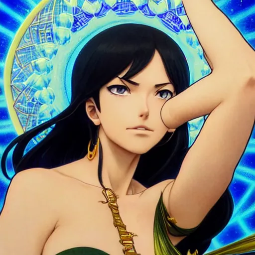 Image similar to highly detailed vfx portrait of nico robin by eiichiro oda!, makoto shinkai, alphonse mucha, sharp focus, art by artgerm and greg rutkowski!, backlit, harsh overhead sunlight, blue eyes!!, large aquiline nose!!, stanley kybric, kaoru mori, detailed, best of behance,