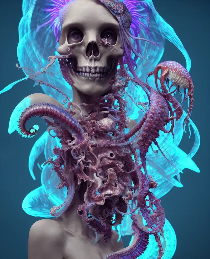 Image similar to goddess close - up portrait human skeleton, ram skull, squid phoenix jellyfish, orchid, betta fish, bioluminiscent, intricate artwork by tooth wu and wlop and beeple. octane render, trending on artstation, greg rutkowski very coherent symmetrical artwork. cinematic, hyper realism, high detail, octane render, 8 k