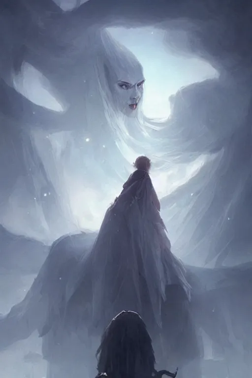 Image similar to a beautiful terrifying pale humanoid giant looms over a tiny human. ethereal fantasy art by greg rutkowski