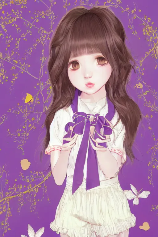 Image similar to Portrait of Eunha from Viviz and gFriend with short hair wearin purple overall shorts, short puffy pants, white tights, Golden Ribbon, and a billowy scarf. masterpiece 4k digital illustration, award winning, Artstation, intricate details, realistic, panoramic view, Hyperdetailed, 8k resolution, intricate art nouveau