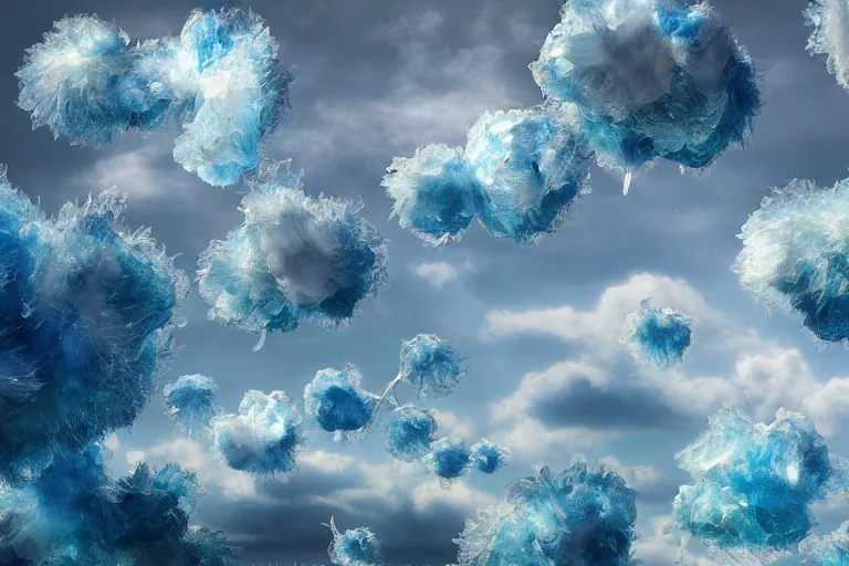 Image similar to simplicity, a flock of many puffy clouds tangled into large whirling ultra detailed clumps of crystal specimens, abstract environment, playful, award winning art, epic dreamlike fantasy landscape, ultra realistic,