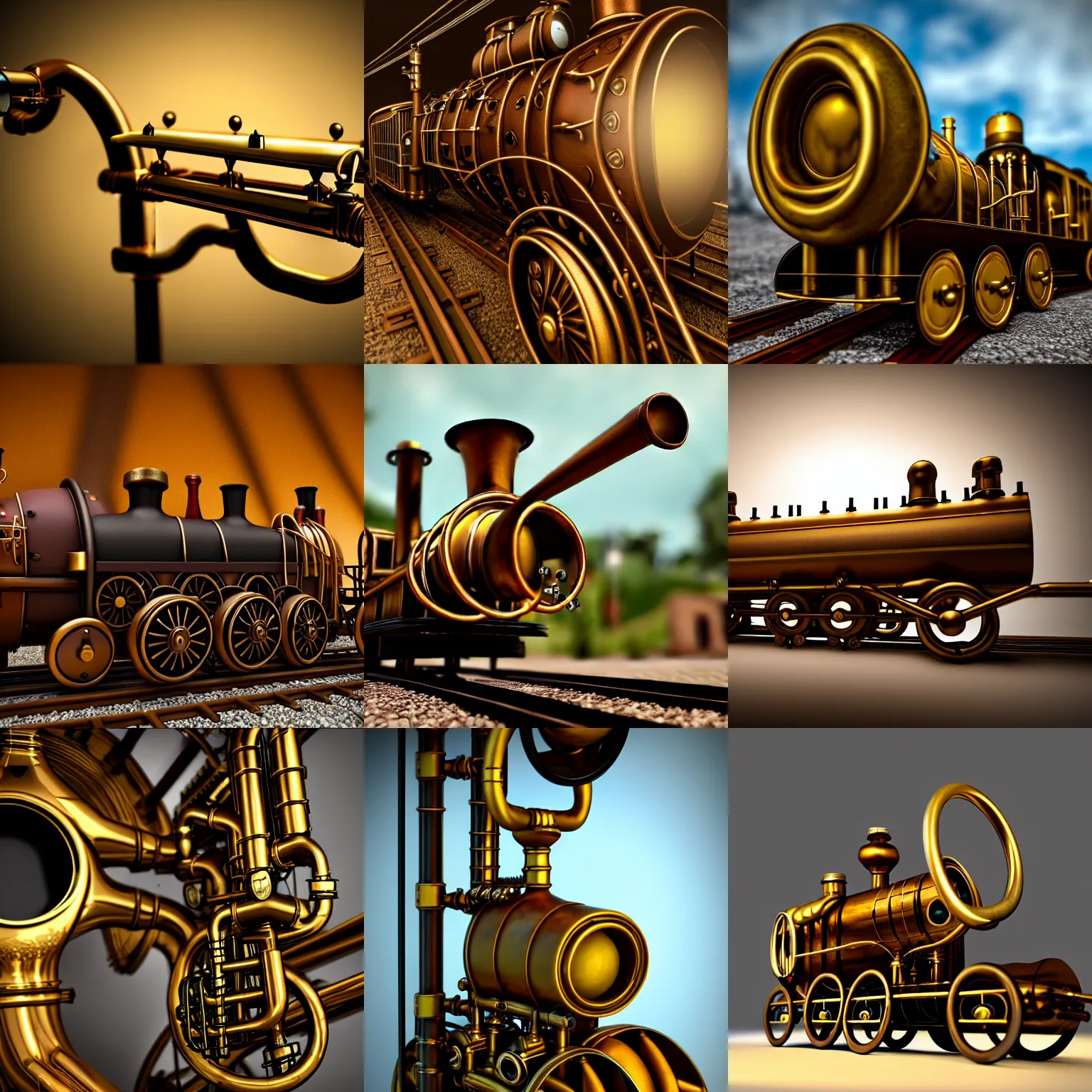 Prompt: steampunk trombone-train waits for no-one cinematic lighting vray 8k low angle shallow depth of field