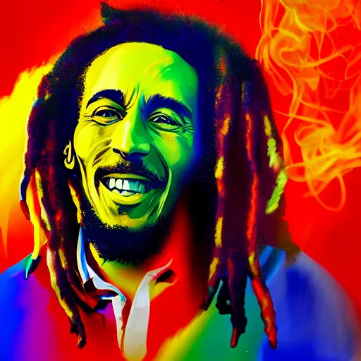 Image similar to colour masterpiece surreal closeup portrait photography of bob marley, highly detailed, smoke background, artstation, octane rendering, 8 k