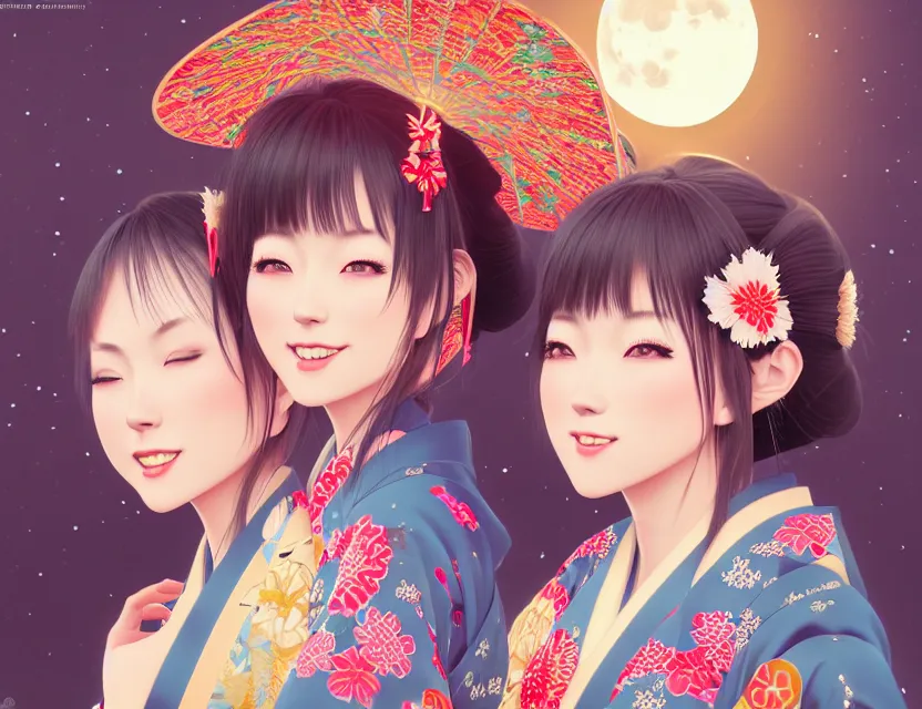 Image similar to two beautiful charming japan girls wear arty kimono in festival | | sunny night, full moon, dreamlike art, realistic shaded, smile, good looking, hyper details, 4 k realistic, cryengine, realistic shaded lighting poster by ilya kuvshinov, fuji choko, ross tran, 8 k resolution, trending on artstation, luxury