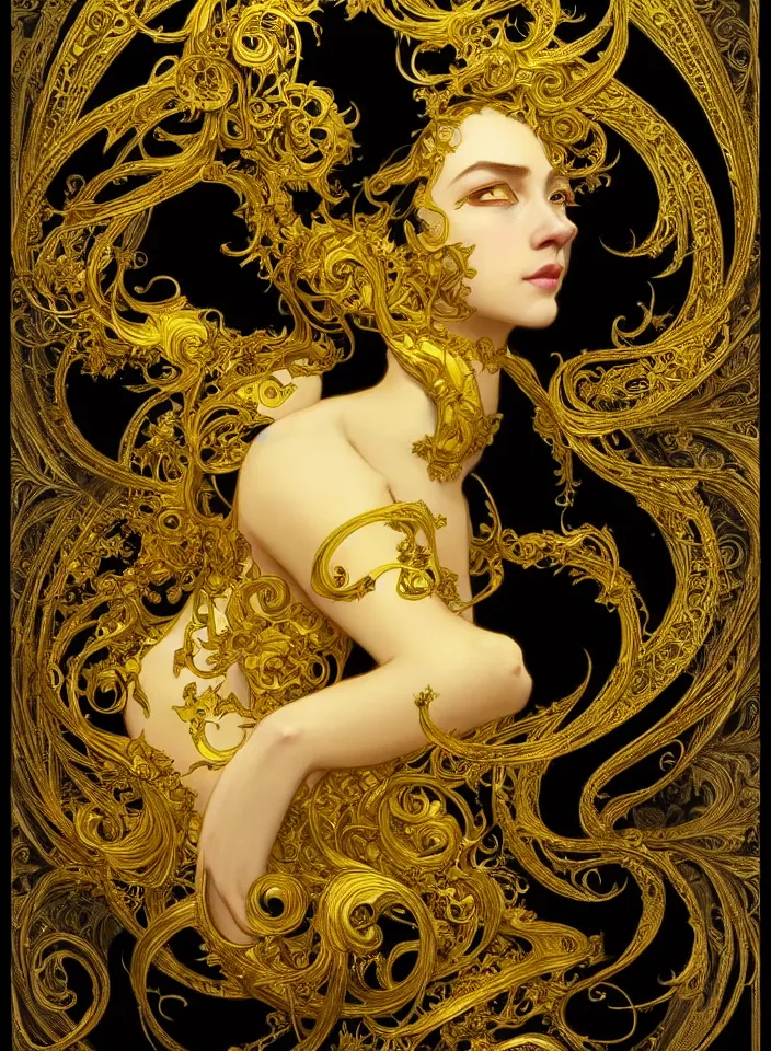 Image similar to beautiful black yellow, complicated gold the baroque style decoration, dark fantasy, intricate, elegant, highly detailed, digital painting, artstation, concept art, matte, 3 d 8 k octane rendered, sharp focus, illustration, octane rendered, art by artgerm and alphonse mucha, leesha hannigan, ross tran