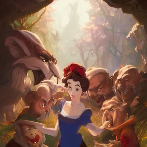 Prompt: portrait snow white and the seven dwarves by don bluth and greg rutkowski