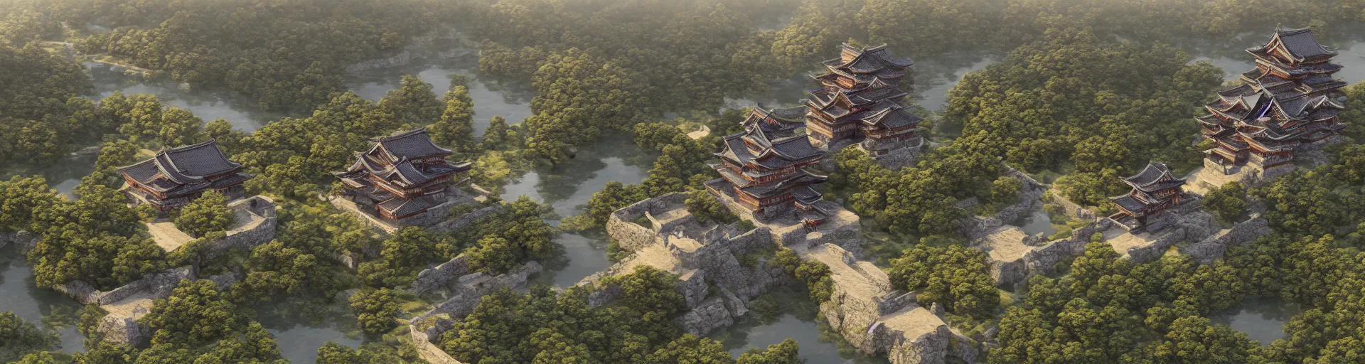 Image similar to photo realistic landscape of medieval japan castle, aerial photography, exquisite detail, octane render, 8 k postprocessing,