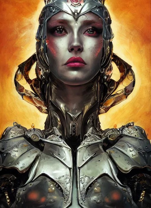 Prompt: a biblical diabolical beautiful female valkyree android, shiny plastic armor, fly, dynamic pose, splashing, heavy eyes to the side, closeup, bright glowing veins, in clouds, rain, sunset, portrait, by gerald brom, by mikhail vrubel, by peter elson, muted colors, extreme detail, reflections, trending on artstation, 8 k