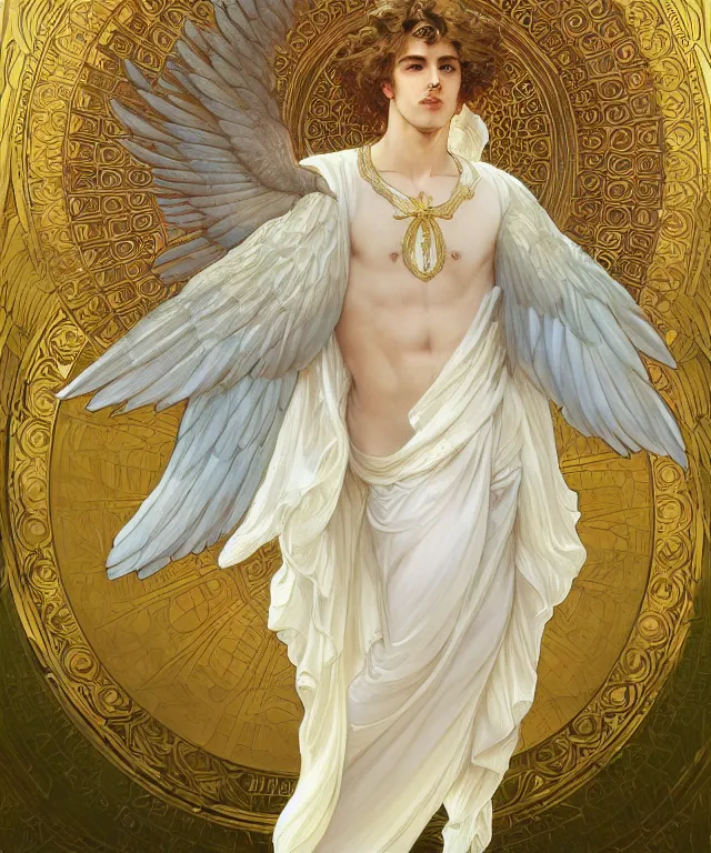 Image similar to fullbody portrait of a beautiful young fit male angel with curly blond hairs, full dressed in long fluent clothes, majestic symmetrical big dove wings, luminous halo, by greg rutkowski and alphonse mucha, gradient white to gold, in front of an iridescent background, highly detailed portrait, digital painting, artstation, concept art, smooth, sharp focus illustration