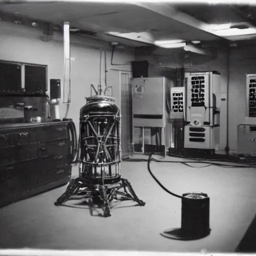 Prompt: interior photo of alien laboratory with strange device at the center of a room