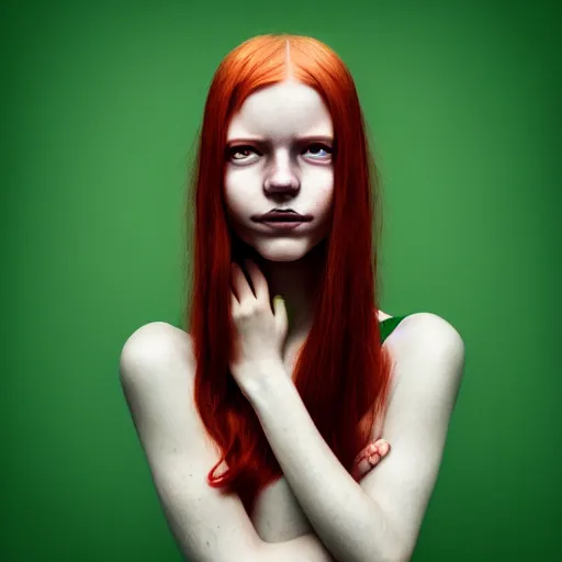 Image similar to a fantastic portrait photograph of a smiling girl with red hair and green eyes by Alessio Albi, symmetrical face, artstation, deviantart, hyperrealism