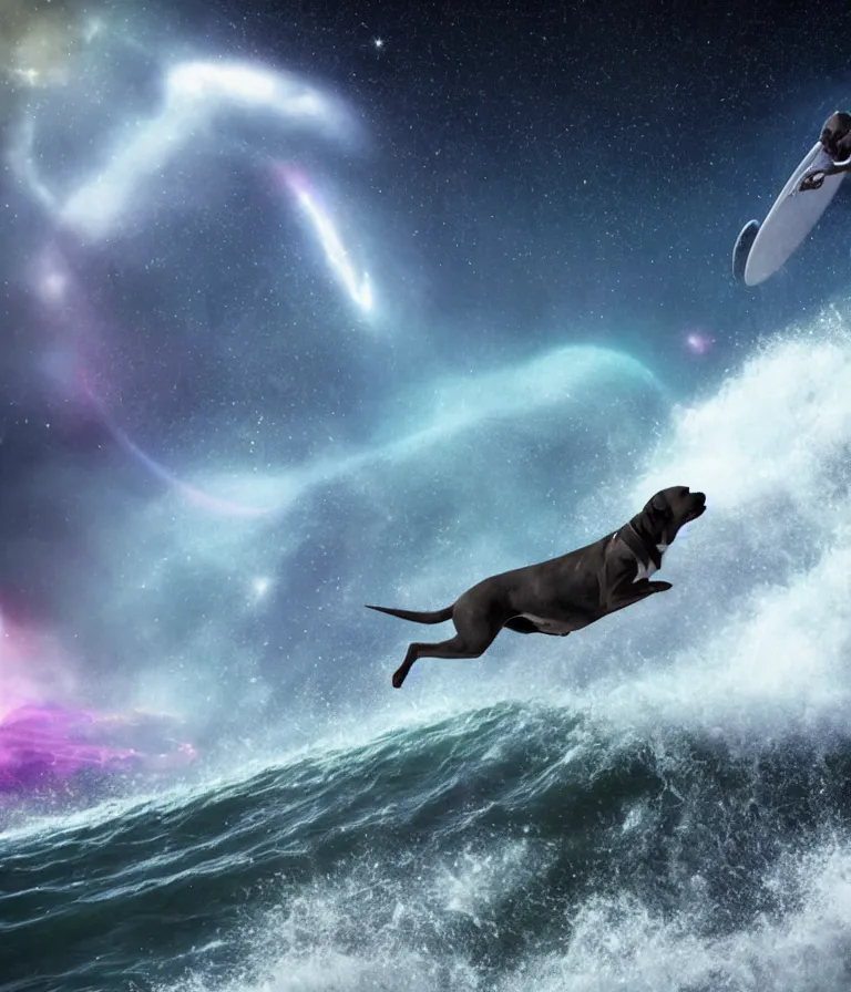 Image similar to photo of a dark gray coat pit bull with a white paws and a white nose!, surfing on a surfboard in a crashing wave of alien galaxy, trending on art station, ocean in space, background is an alien galaxy, aliens in the background, alien colors, octane render, unreal engine, wide view, 8 k, highly detailed