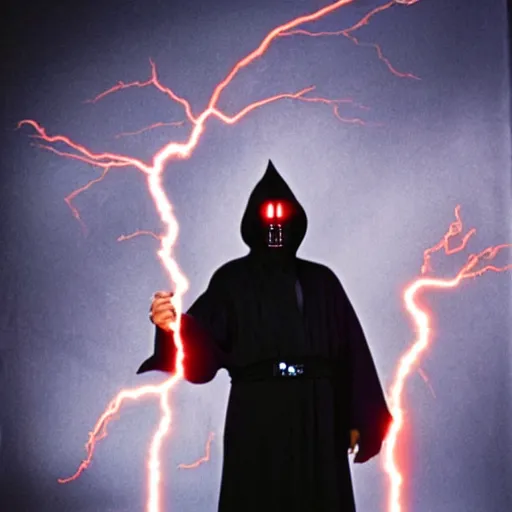 Image similar to Morgan Freeman as a sith lord wearing a hooded black robe with glowing red eyes and casting lightning from his hands