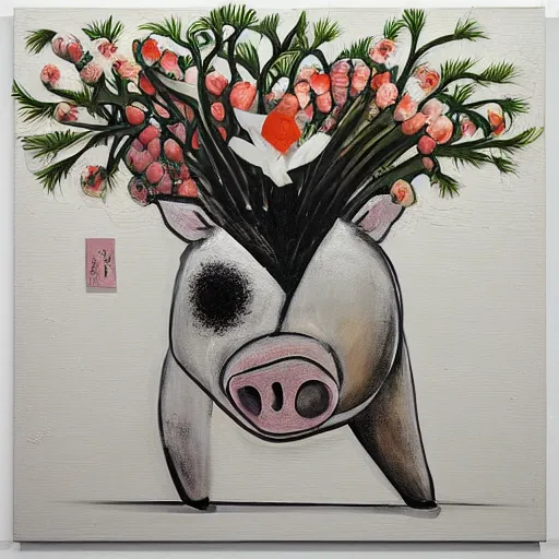 Image similar to “pig paintings and pig sculptures in a pig art gallery, pork, ikebana white flowers, white wax, squashed berries, acrylic and spray paint and oilstick on canvas, by munch and Dali”