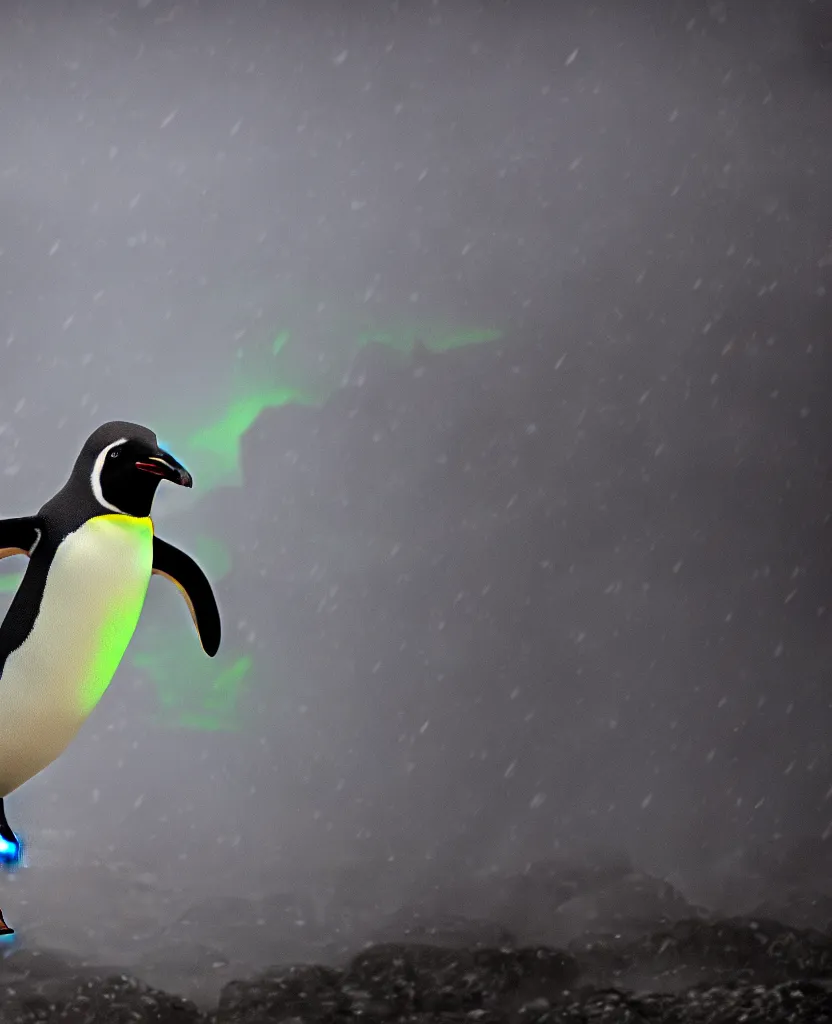 Prompt: a cinematic photograph of a penguin traveling through a vast mountainous landscape whilst neon lightening strikes its face, rain falls, ultra realistic, high definition