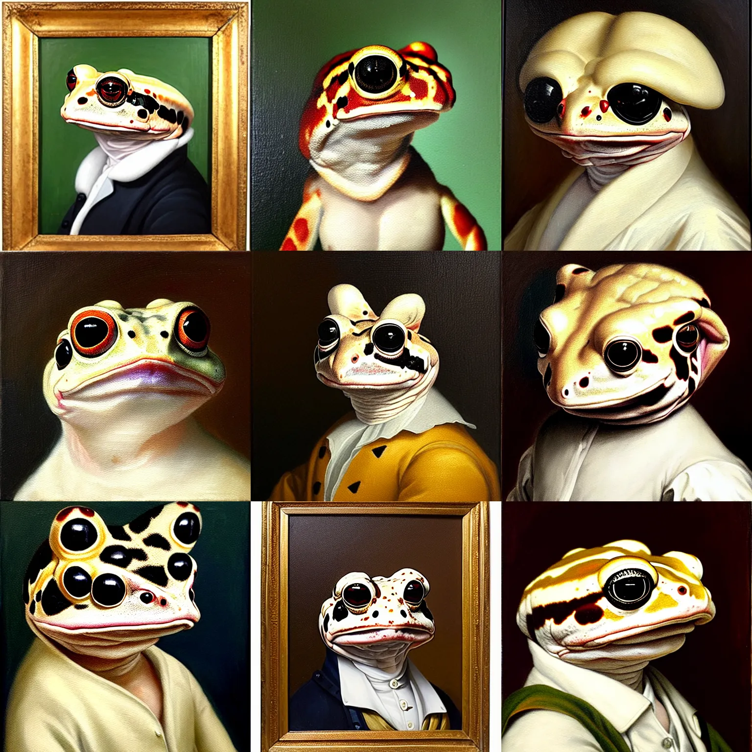 Prompt: a head and shoulders portrait painting of an anthropomorphic!!!!!!!!!! amazon milk frog!!!!!!!!!! wearing a colonial outfit without a hat looking off camera, a character portrait, neoclassicism, history painting, oil on canvas, dense brushstrokes