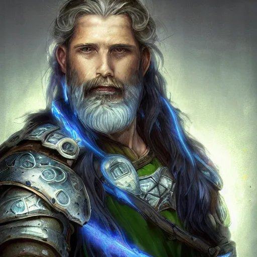 Image similar to Portrait close-up of Aasimar Paladin-Druid with glowing blue eyes, pale skin, full beard. Has sword and wears green armor covered in moss. Epic fantasy art, award winning on Artstation, intricate, highly detailed, dramatic lighting, illustration, concept art, art by artgerm and greg rutkowski and alphonse mucha and ross tran, D&D, Dungeons and Dragons, Magic the Gathering.