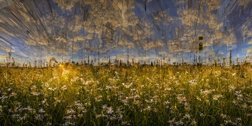 Image similar to a recursive cathedral made of mirrors within a wildflower meadow at dawn