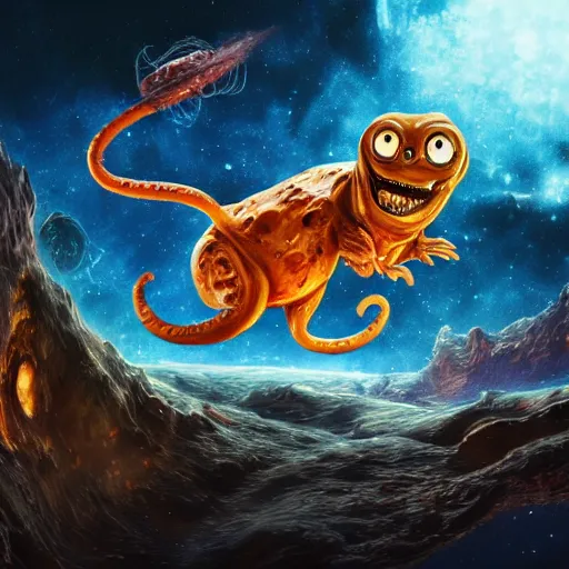 Prompt: one eldritch horror bloody garfield in space, galaxy, hd, 8 k, explosions, giant, epic, realistic photo, unreal engine, stars, prophecy, powerful, cinematic lighting, destroyed planet, debris, violent, sinister, ray tracing, dynamic, print, epic composition, dark, horrific, teeth