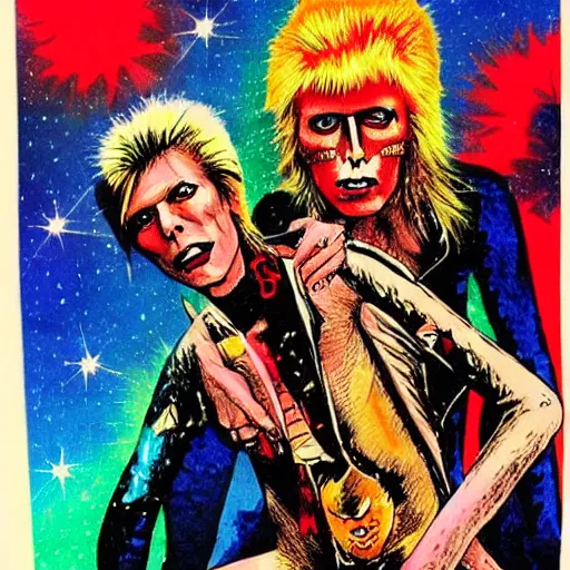 Image similar to david bowie from changes giving a piggy back ride to ziggy stardust. by basil gogos