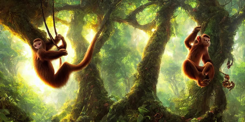 monkey swinging from a tree in the forest, magical